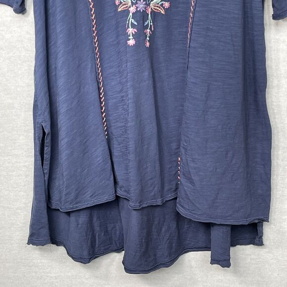 Mododoc Tunic Top Women Size L Blue Floral Boho Embroidered Side Hem Slit Cotton - Picture 6 of 14